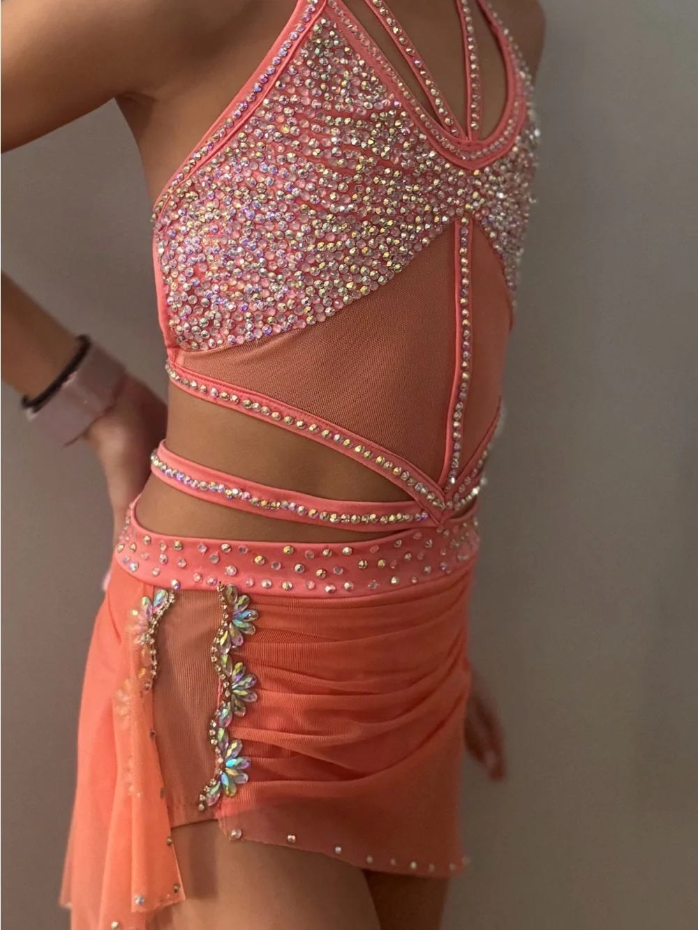Coral custom CM dance costume loaded with stones!